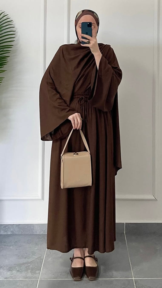 Pelerin Tasarım Ham Keten Etekli Takım-Acı kahve