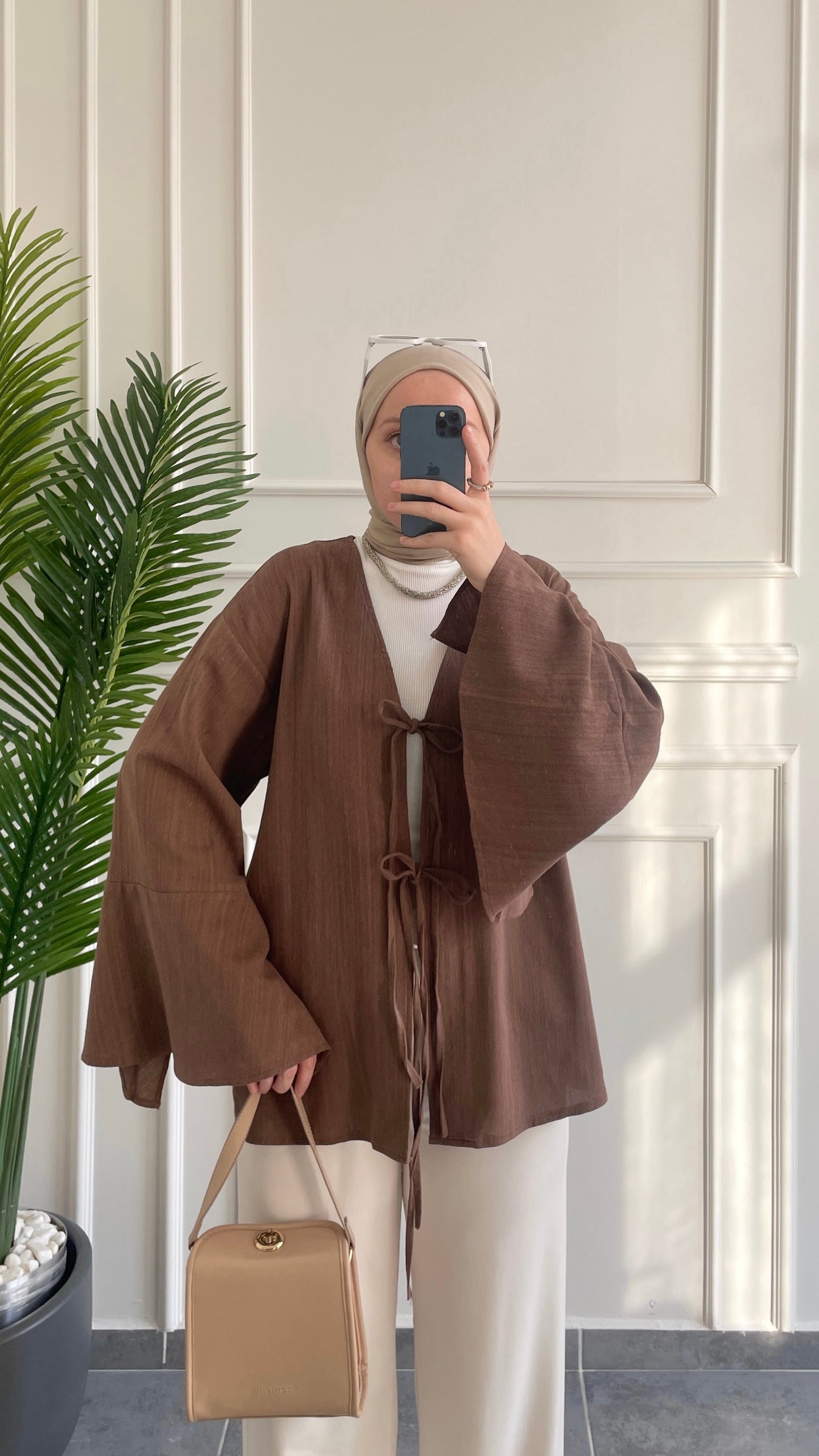 İspanyol Kol Ham Keten Kimono-Kahve