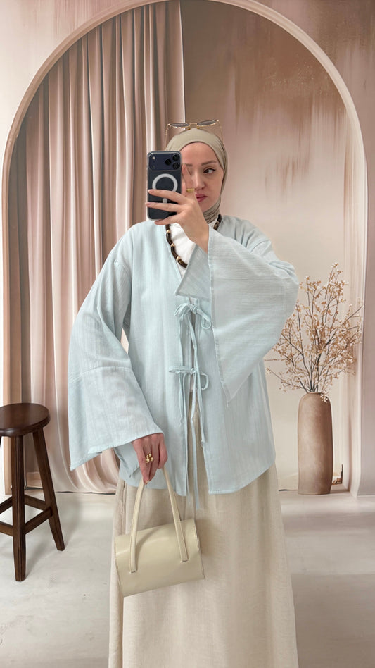 Kollar Volanlı Ham Keten Kimono Bebe Mavi