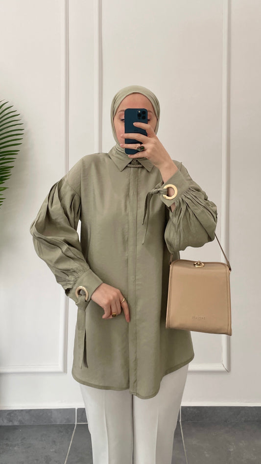 Kuş Gözü Tasarım Tencel Gömlek-Çağla