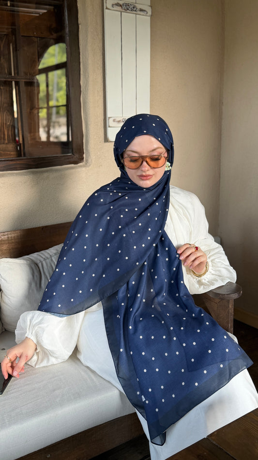 Mini Puantiye Desen Pamuk Soft Şal  Lacivert