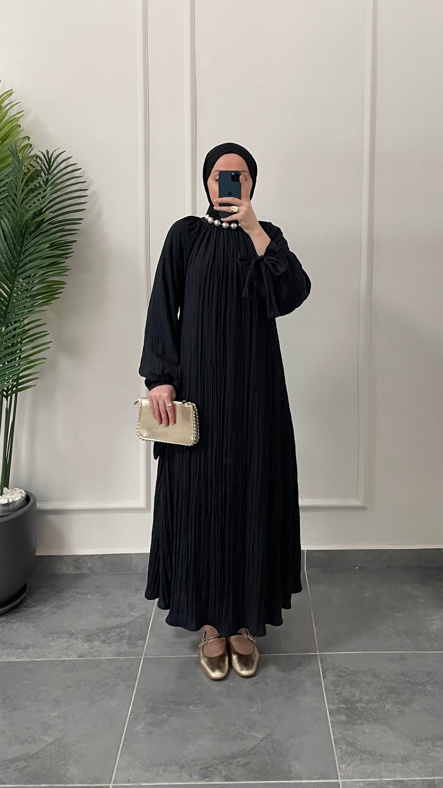 Kollar Bağcıklı Vual Saten Pamuk Elbise Siyah