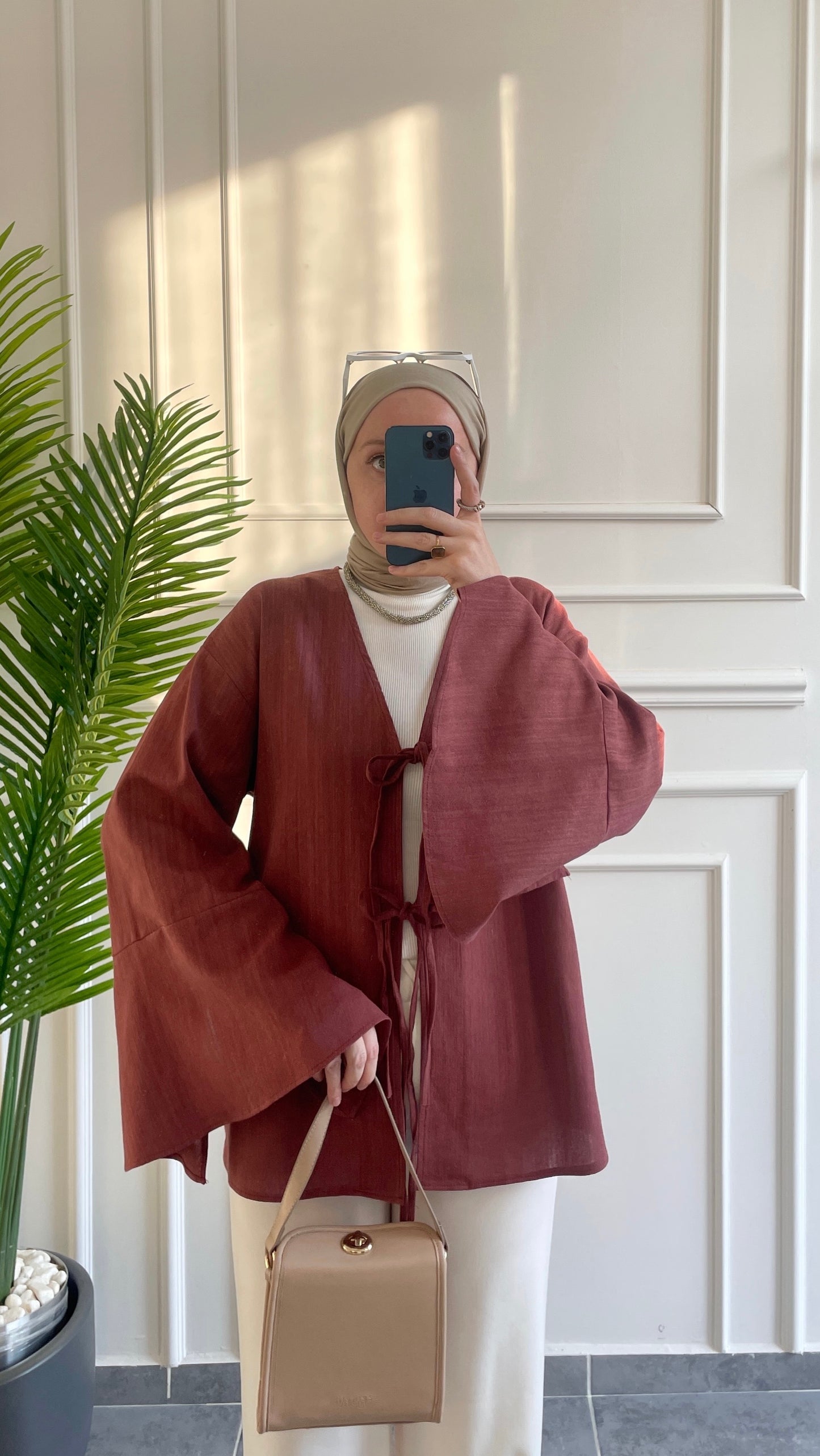 İspanyol Kol Ham Keten Kimono-Kiremit