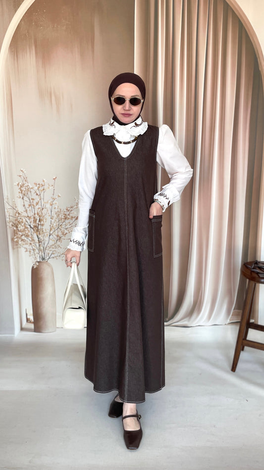 V Yaka Denim Jile Kahverengi