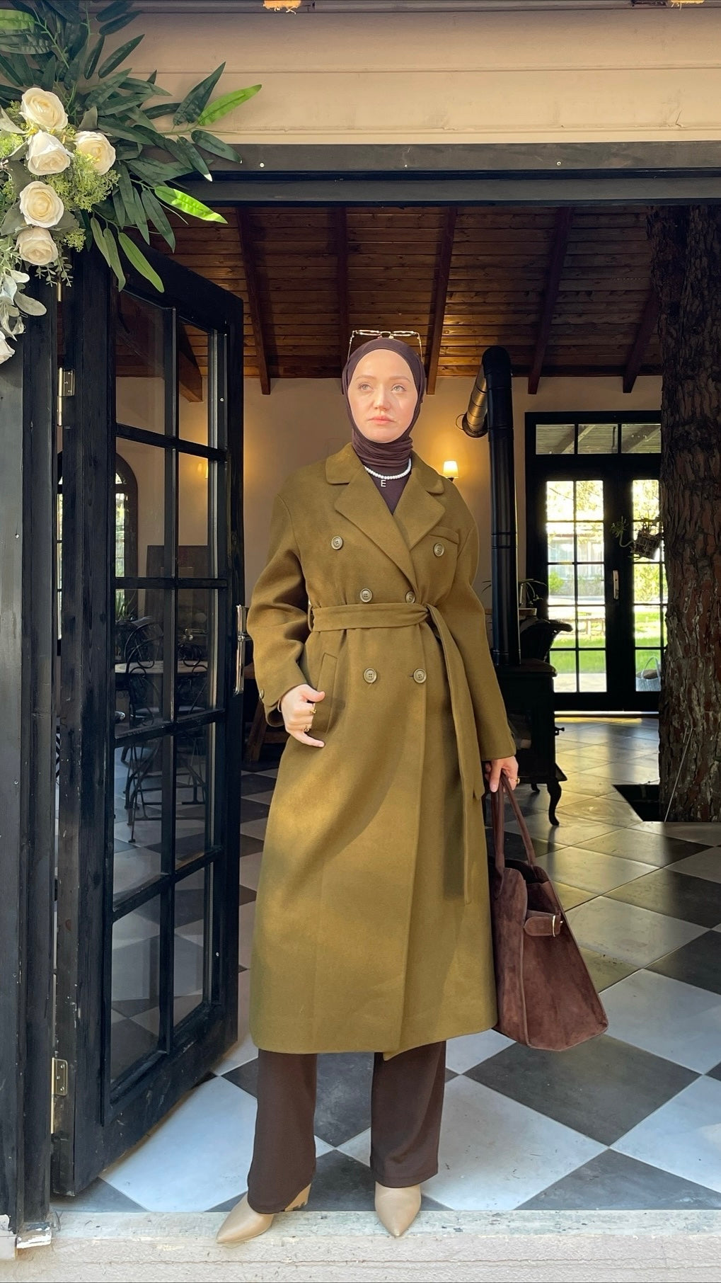 Vintage Tasarım Kol Düğmeli Kaşe  Kaban Zeytin Yeşili