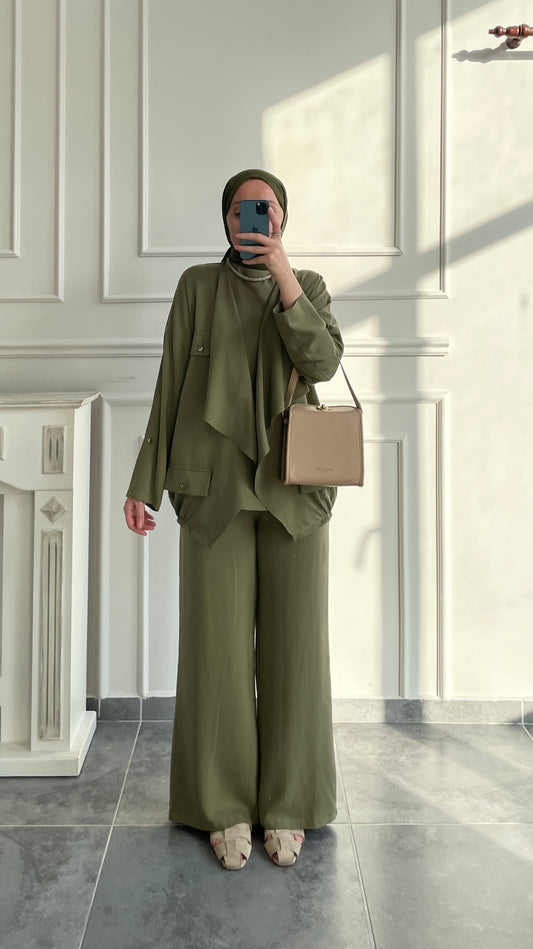 Tencel Keten Şal Yaka Ceketli 3’lü Takım-Haki