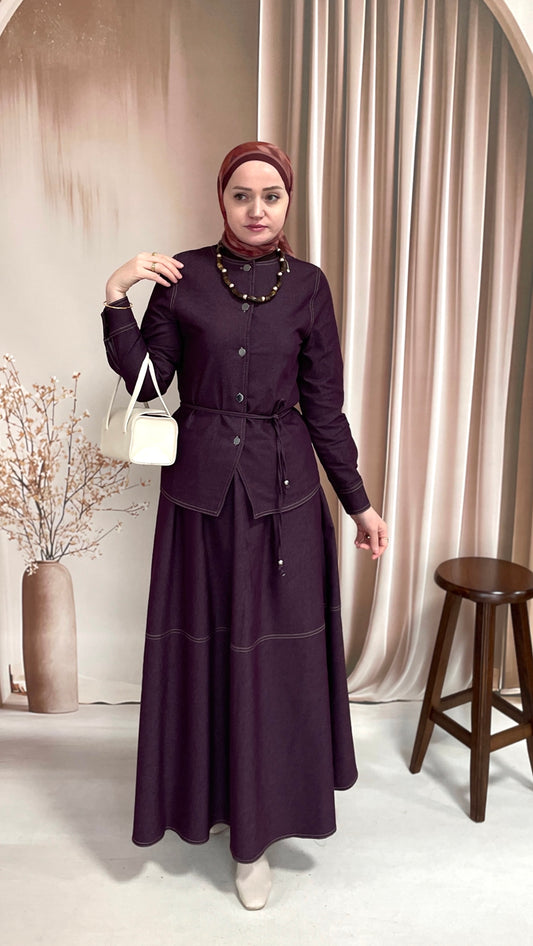 Premium Denim Etekli Takım Bordo