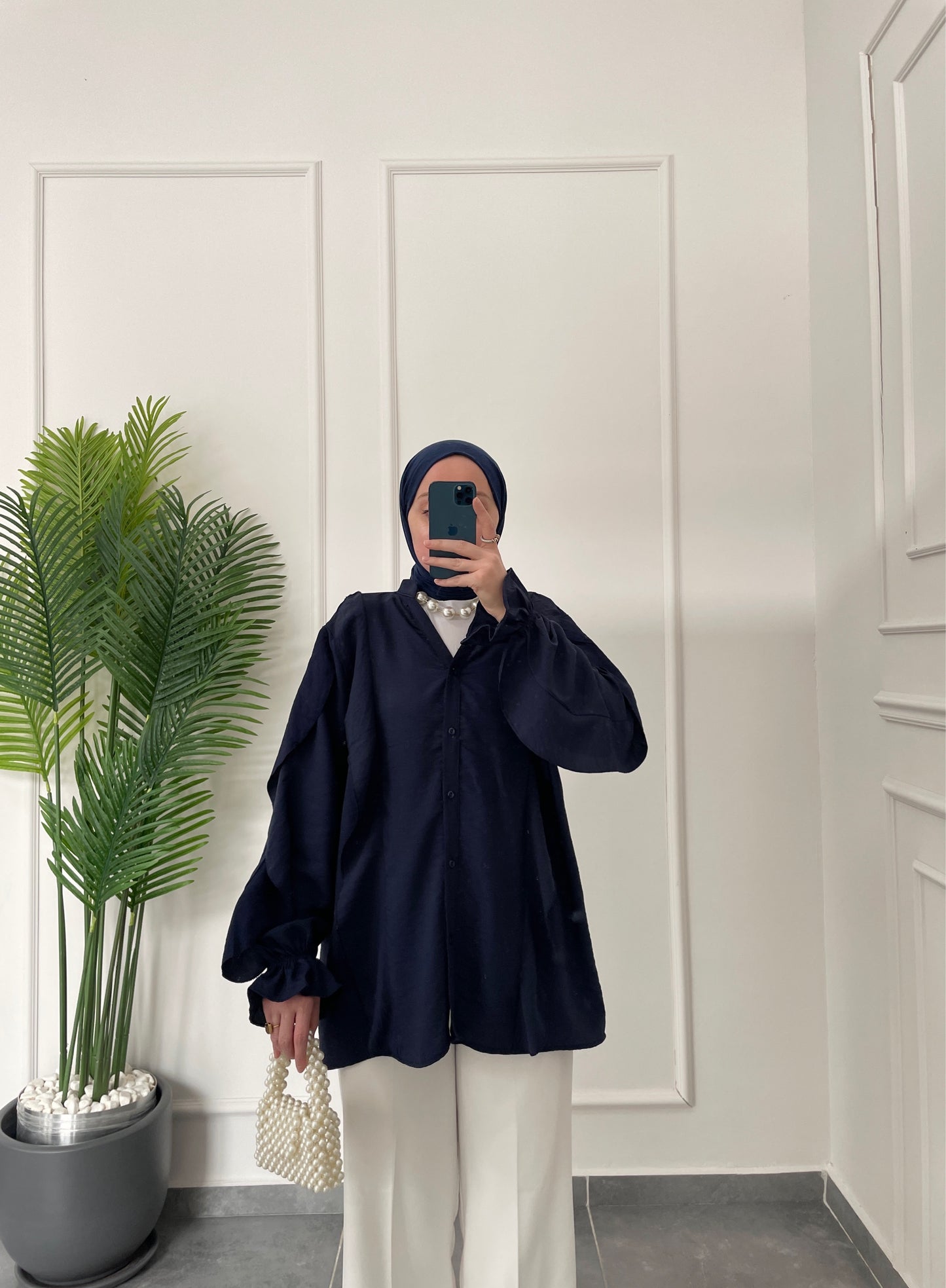 Kollar Fırfırlı Tencel Keten Gömlek-Lacivert