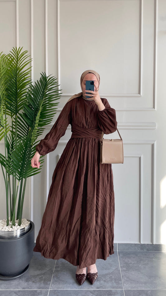 Bel Bağlamalı Kraş Elbise-Kahve