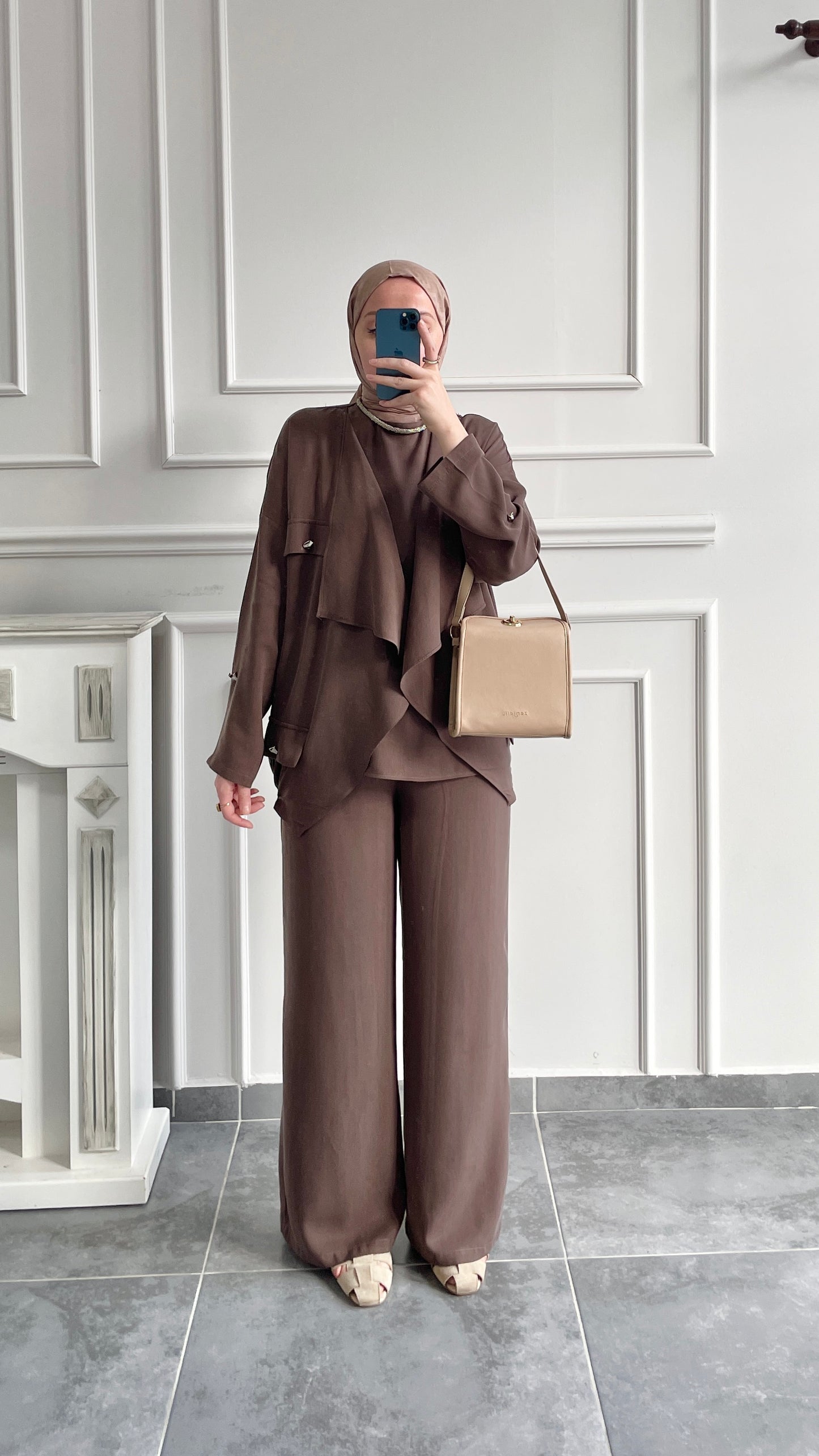 Tencel Keten Şal Yaka Ceketli 3’lü Takım-Kahve