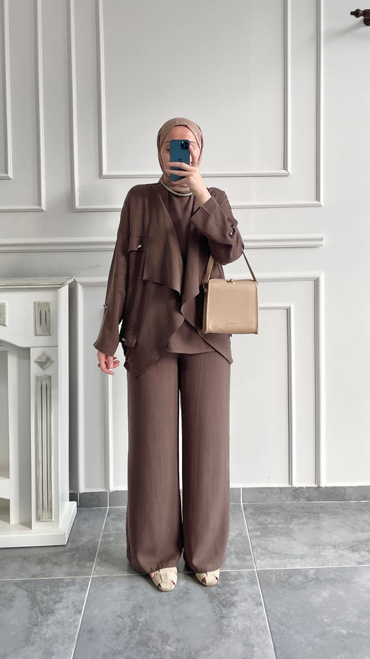 Tencel Keten Şal Yaka Ceketli 3’lü Takım-Kahve