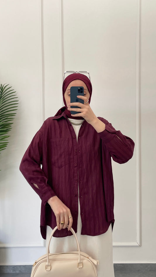 Kraş Kendinden Dokulu Gömlek-Bordo