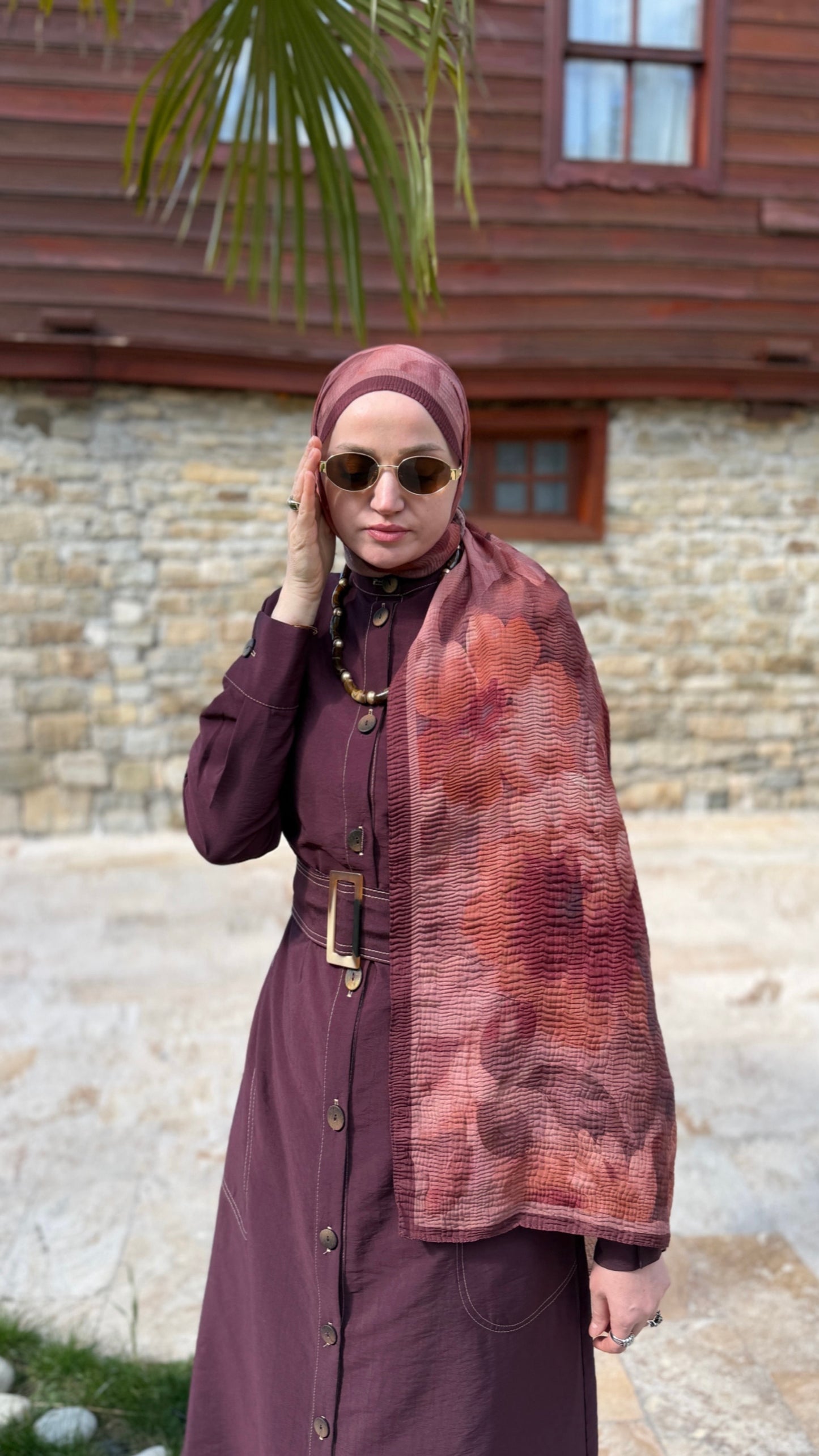 Lotus Müslin Şal Bordo&Somon