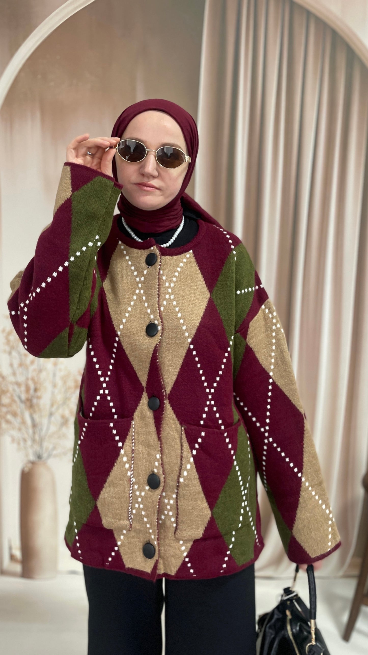 Baklava Desenli Premium Hırka Bordo&Haki