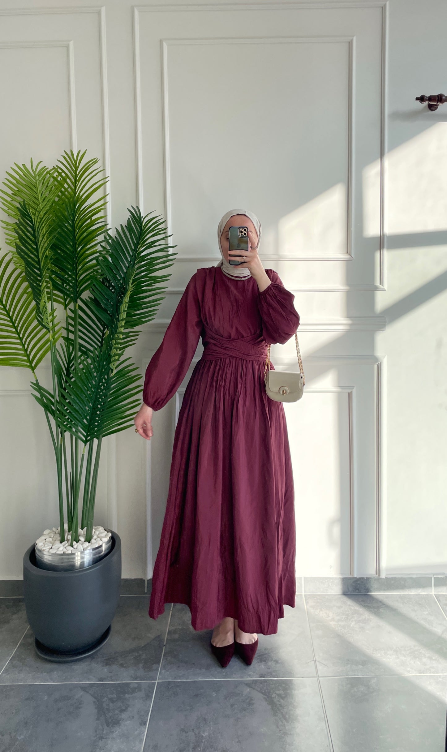 Bel Bağlamalı Kraş Elbise-Bordo