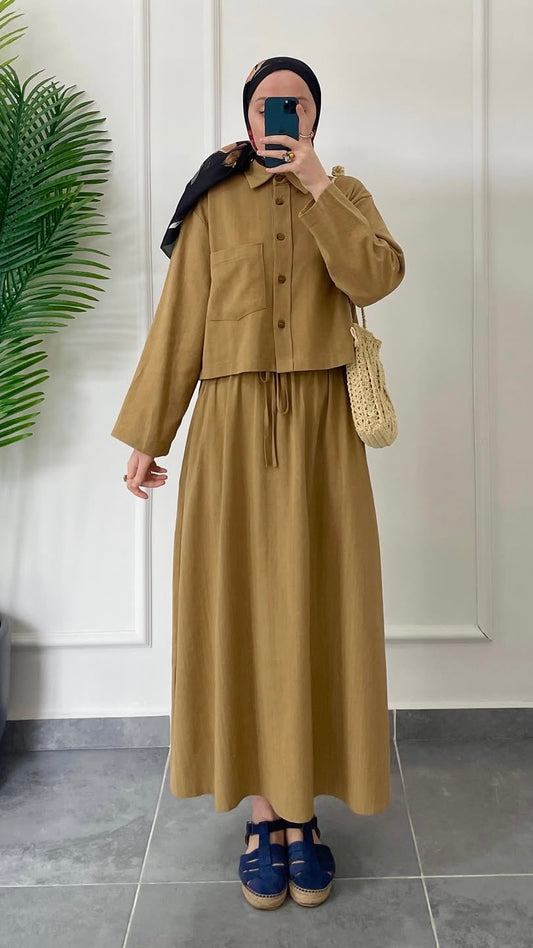 Ham Keten Düğmeli Etekli Takım-Hardal