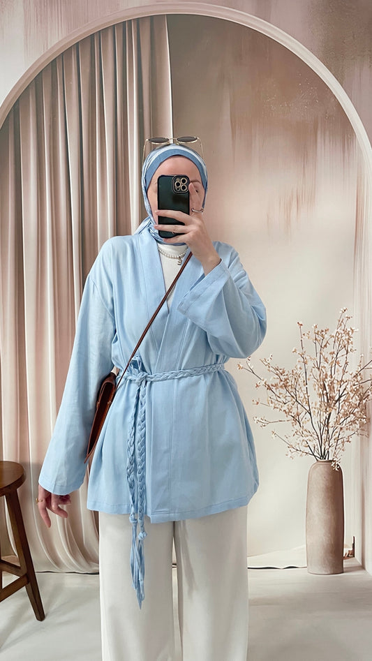 Ham Keten Örgü Kemerli Kimono Bebe Mavi