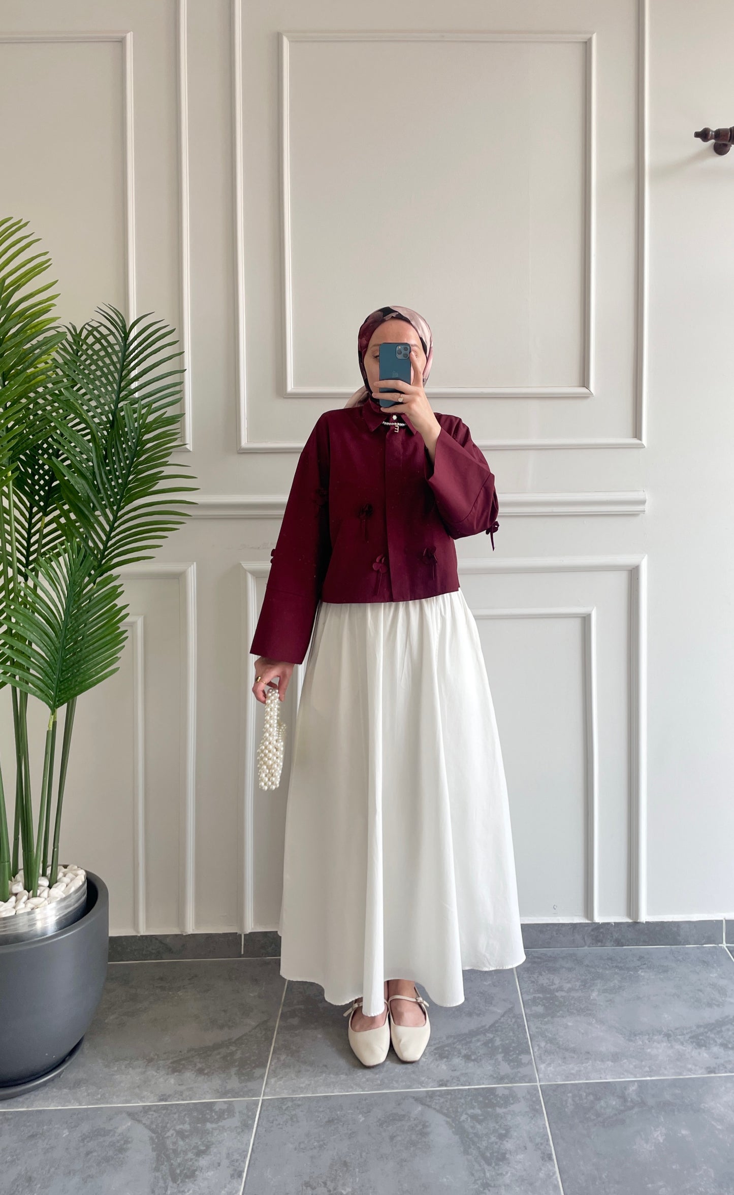 Papatyalı Poplin Gömlek-Bordo