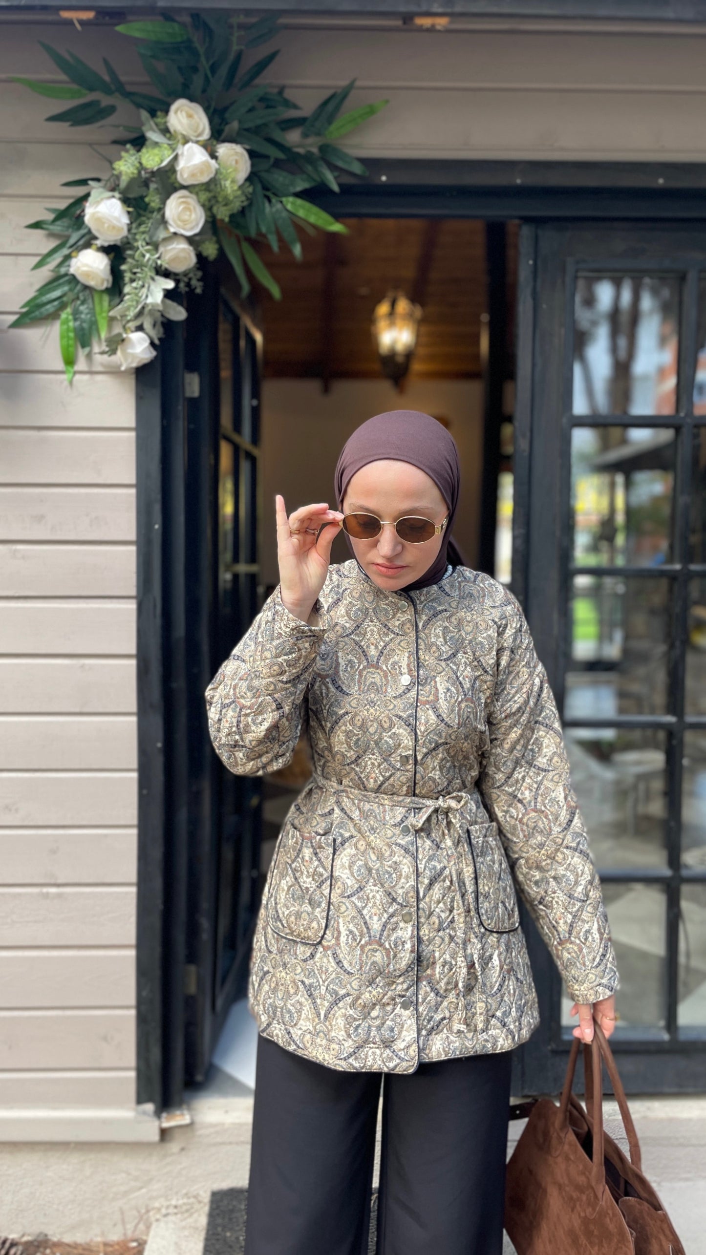 Etnik Desen Vintage Kapitone Ceket Yeşil