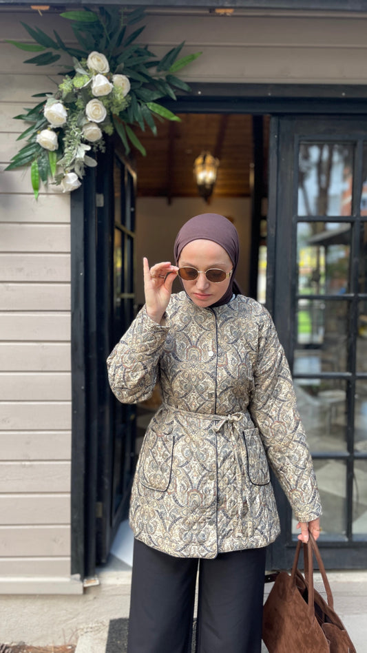 Etnik Desen Vintage Kapitone Ceket Yeşil