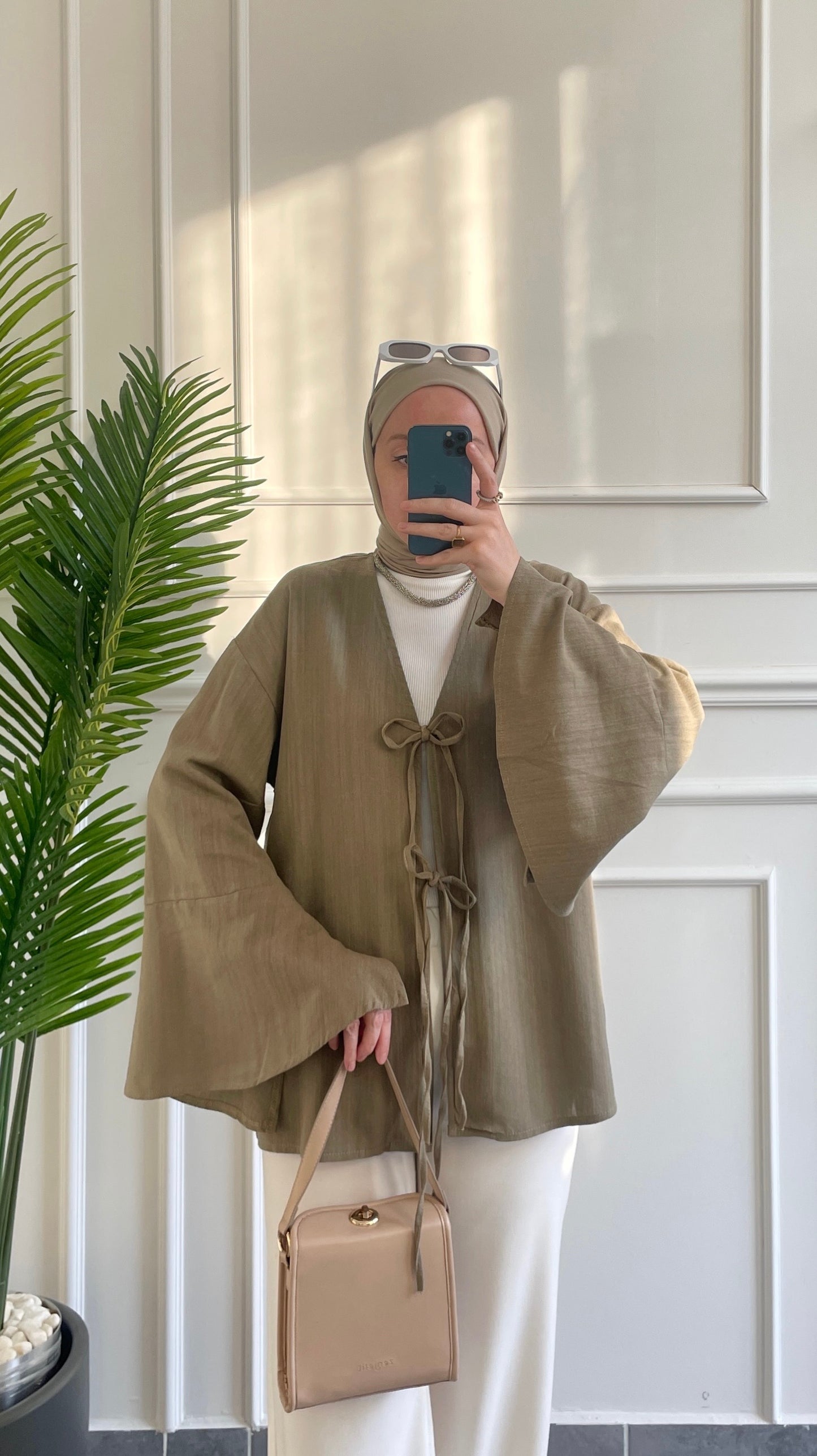 İspanyol Kol Ham Keten Kimono-Haki