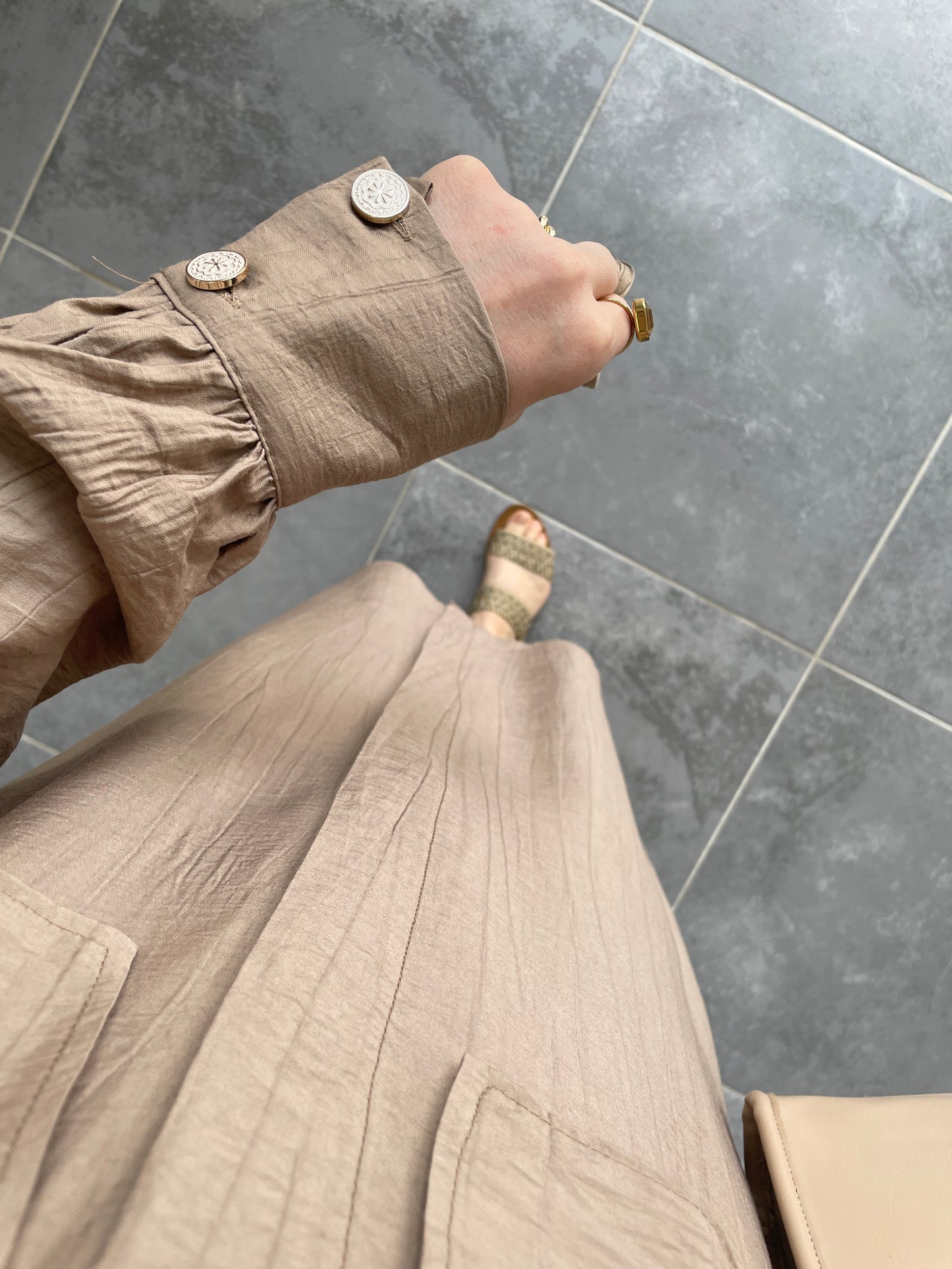 Çilek Kumaş Tunikli Takım-Vizon