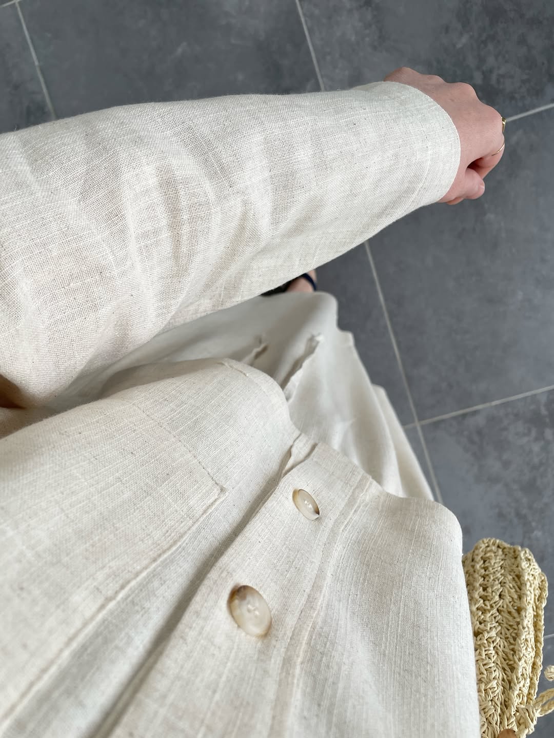 Ham Keten Düğmeli Etekli Takım-Naturel