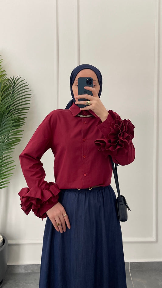 Çilek Kol Tasarım Gömlek-Bordo