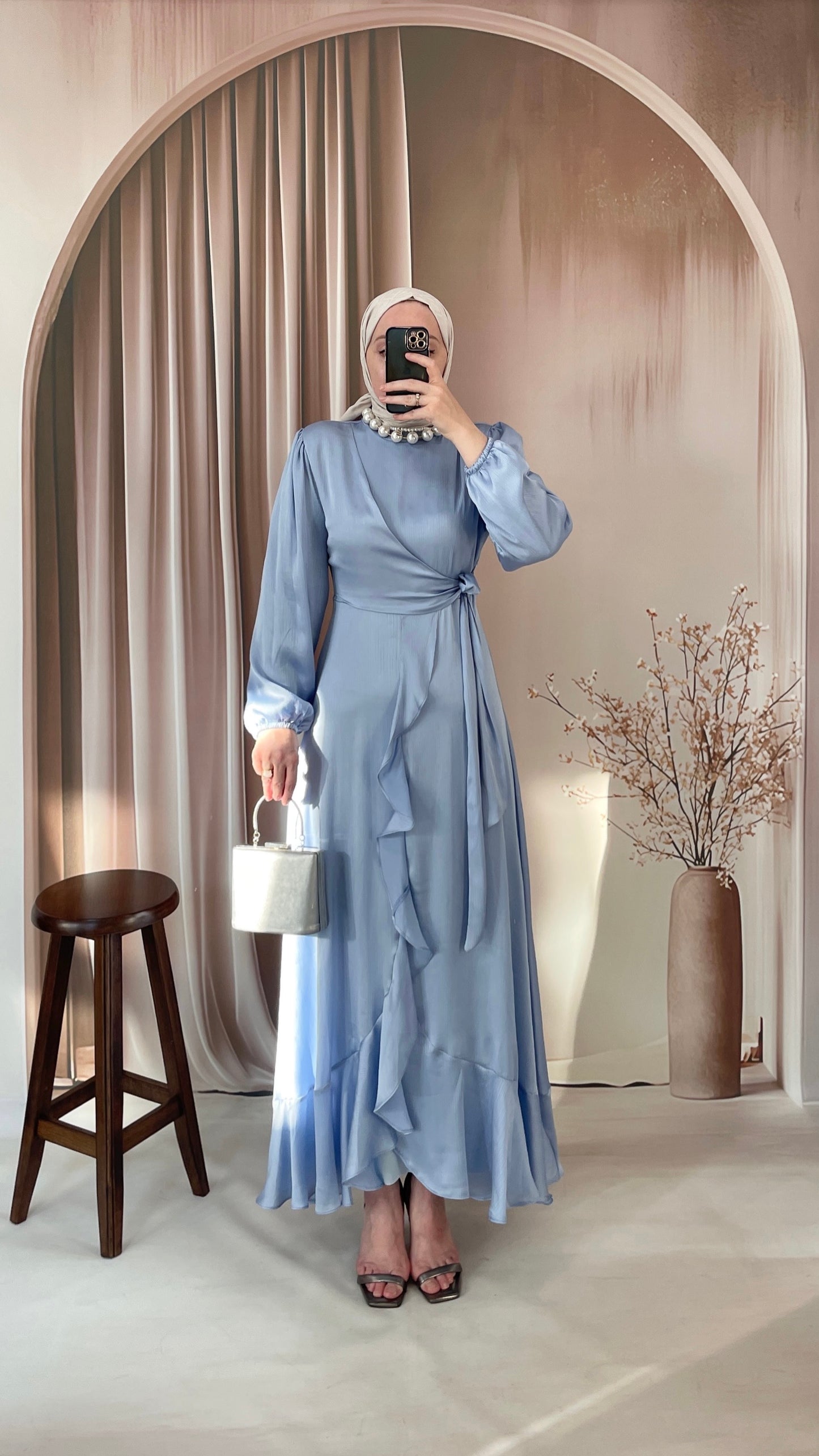 Nova Saten Elbise Buz Mavi