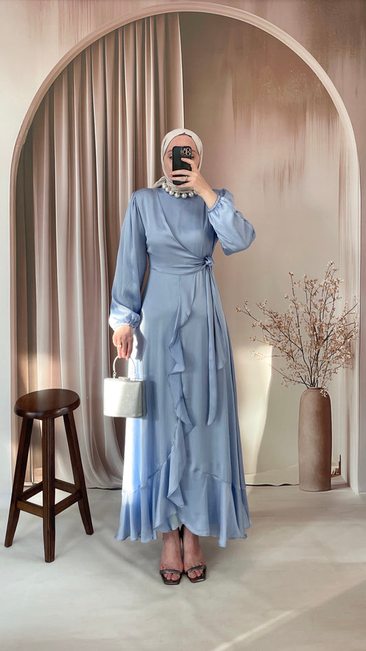 Nova Saten Elbise Buz Mavi