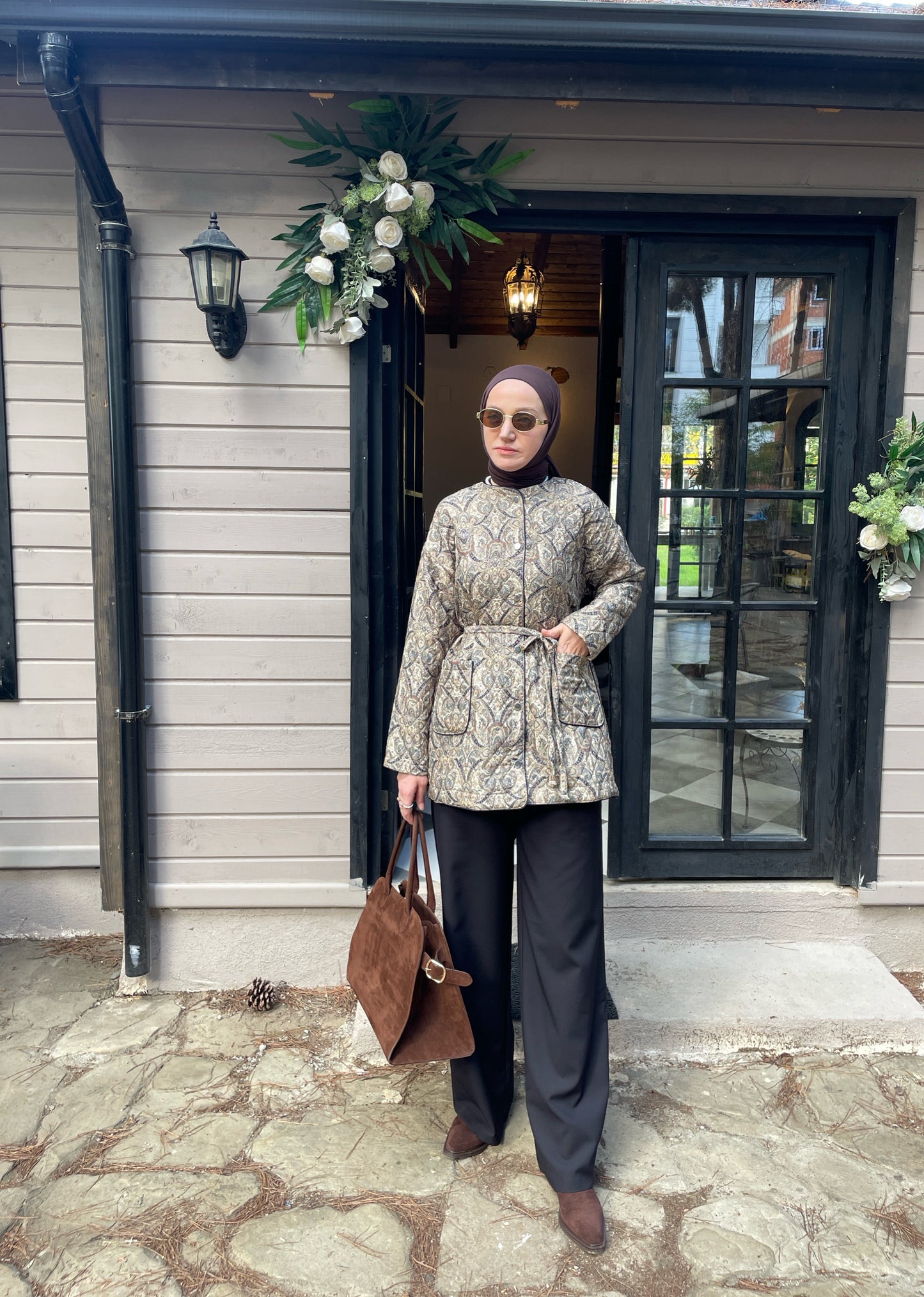 Etnik Desen Vintage Kapitone Ceket Yeşil