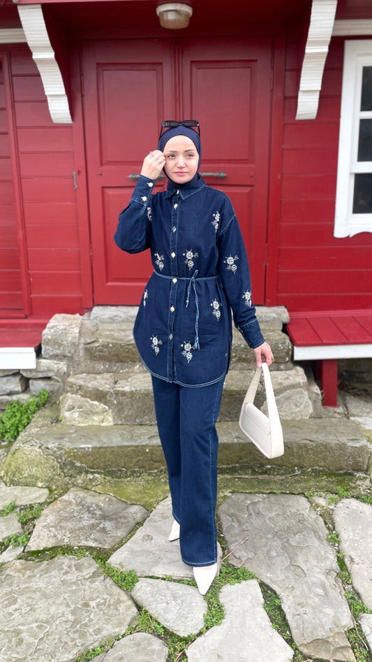 İnci İşlemeli Premium Denim Pantolon& Ceket Takım Lacivert