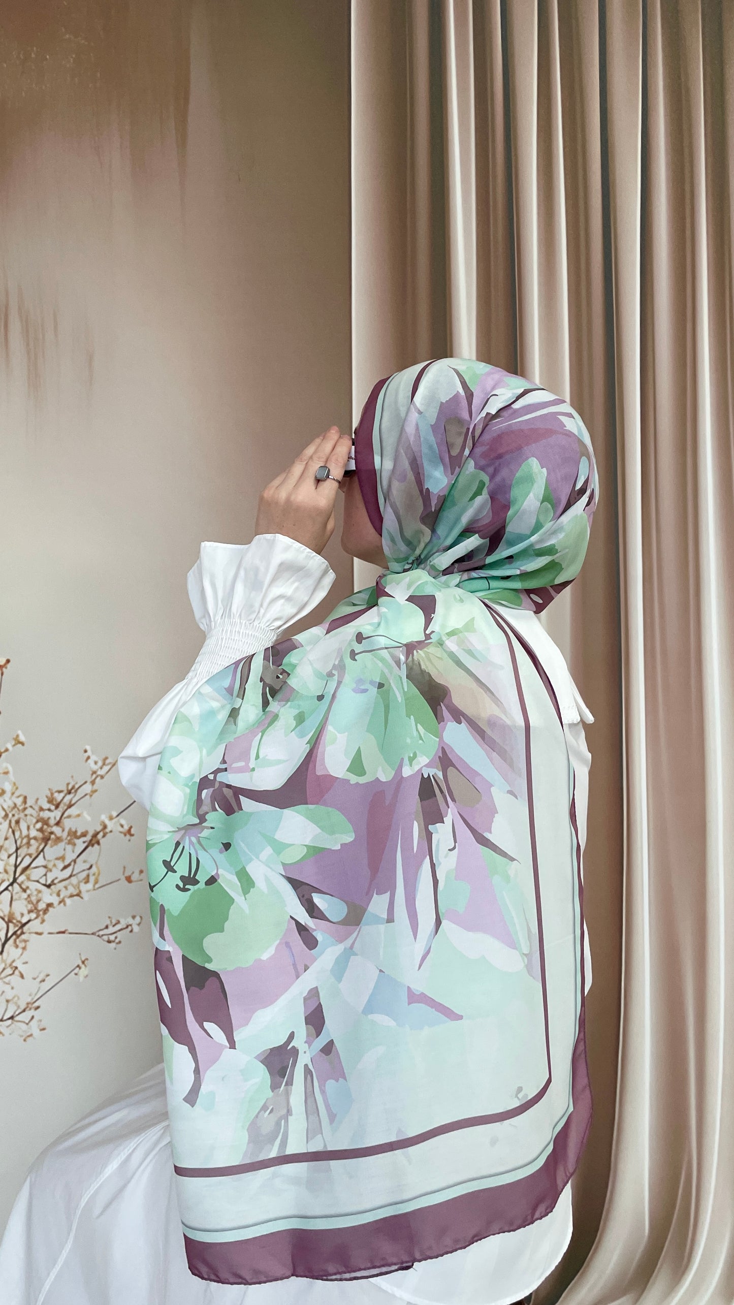 Ebruli Desen Pamuk Soft Şal Lavanta