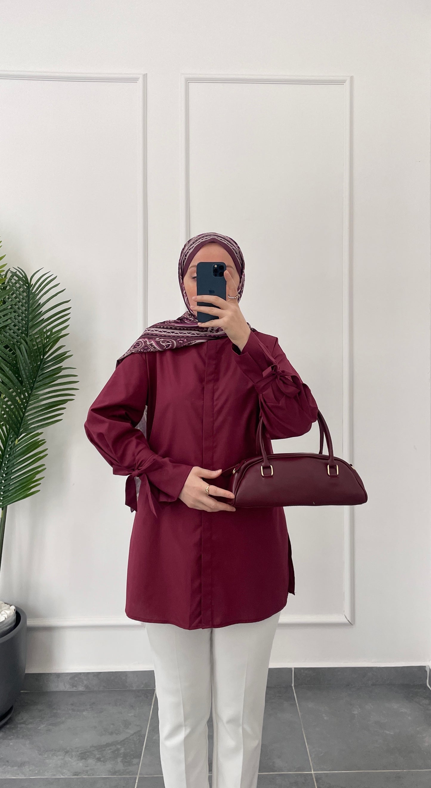 Kollar Bağcıklı Poplin Gömlek-Bebe-Bordo