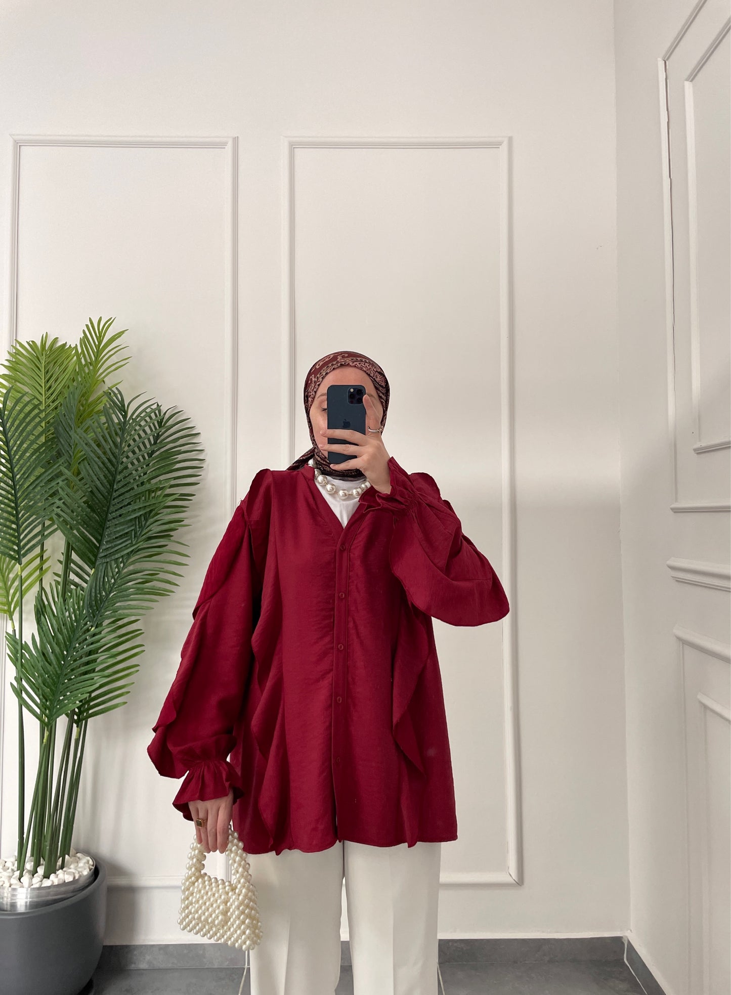 Kollar Fırfırlı Tencel Keten Gömlek-Bordo