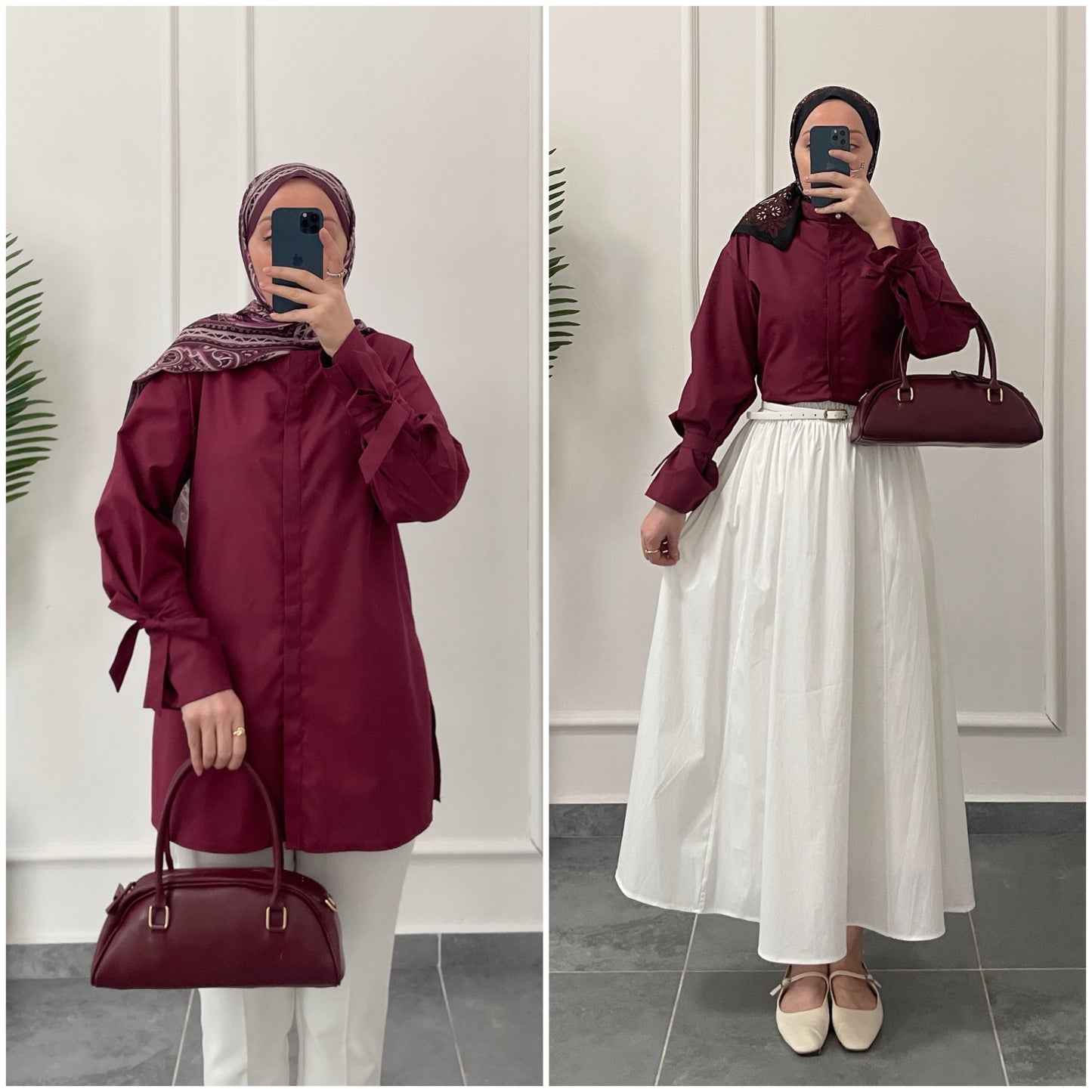Kollar Bağcıklı Poplin Gömlek-Bebe-Bordo