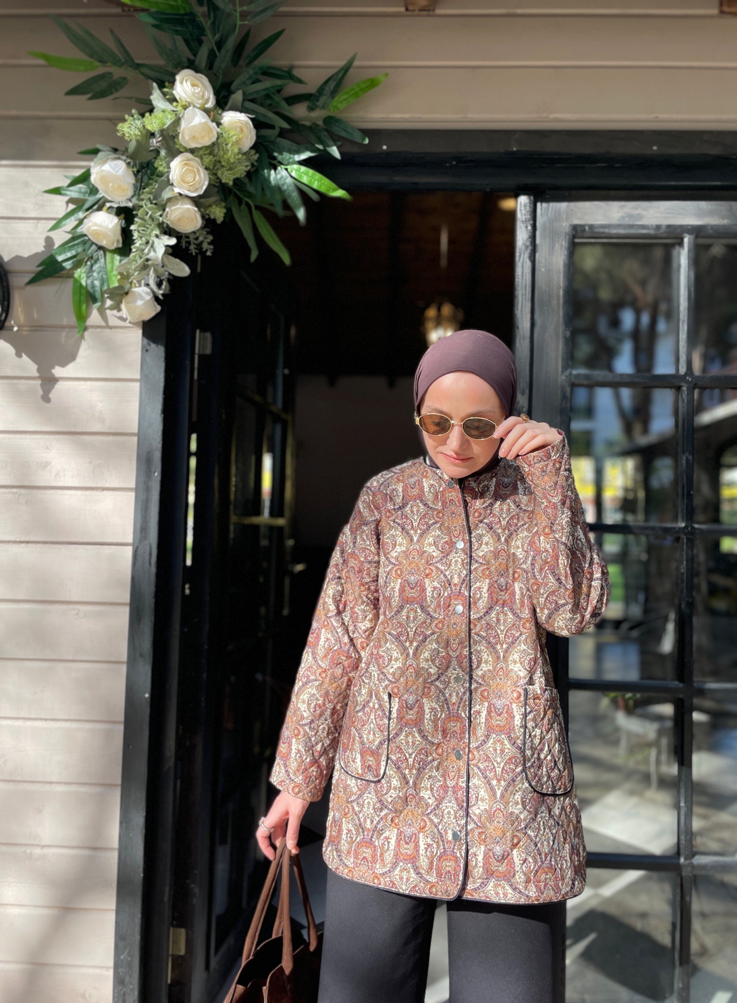 Etnik Desen Vintage Kapitone Premium Ceket Kahve