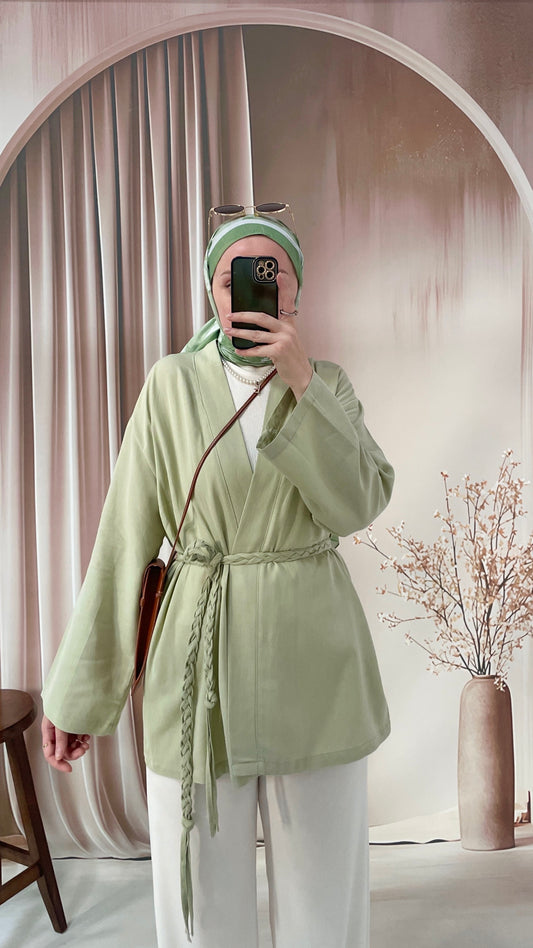 Ham Keten Örgü Kemerli Kimono Çağla