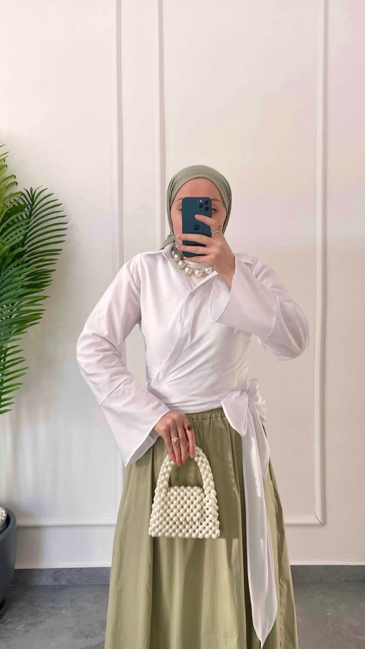 İspanyol Kol Bel Bağlamalı Gömlek-Beyaz