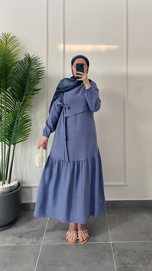 Lora Kuş Gözü Tasarım Elbise-İndigo