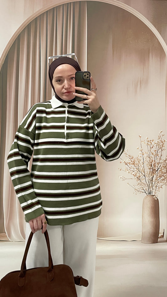 Polo Yaka Çizgili Triko Kazak Haki