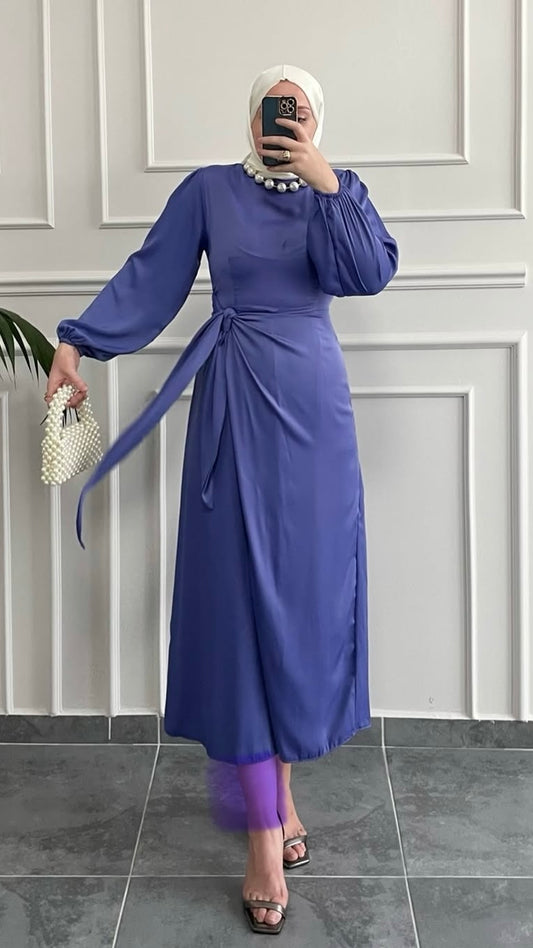 Şura bel bağlamalı saten elbise Mor