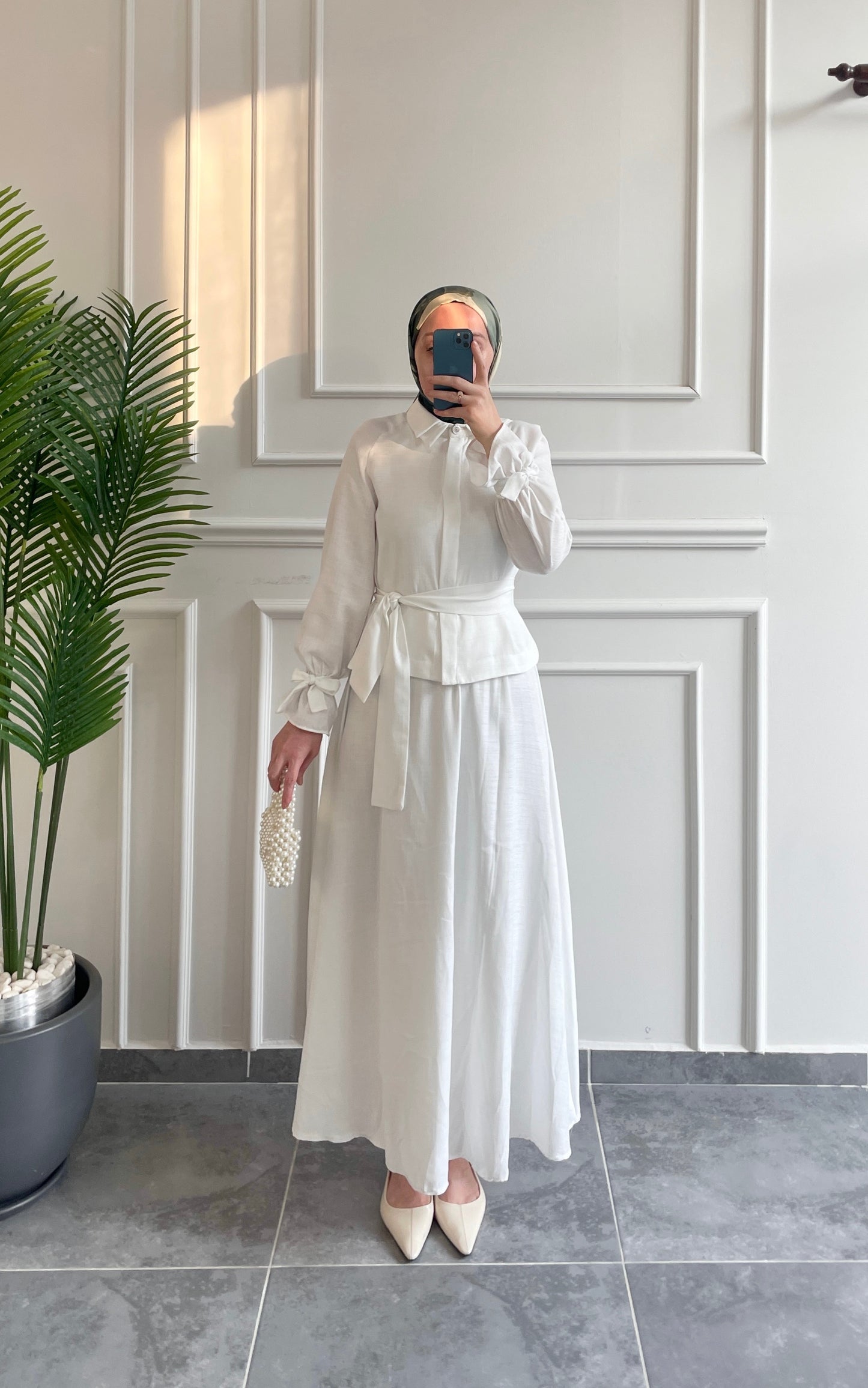 Dolunay Çift Yaka Tasarım Keten Etekli Takım-Beyaz