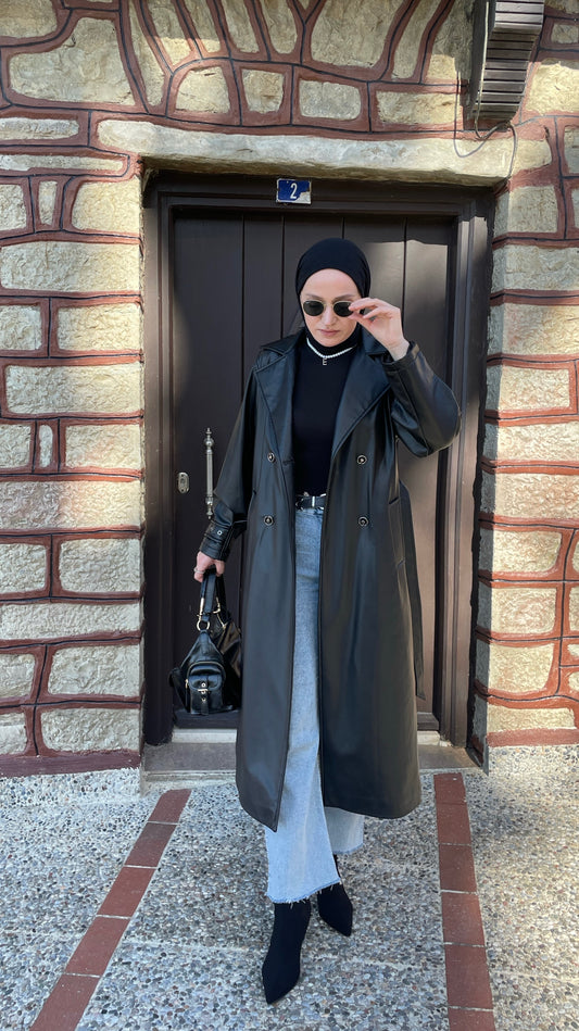 Premium Kalite Deri Trençkot Siyah