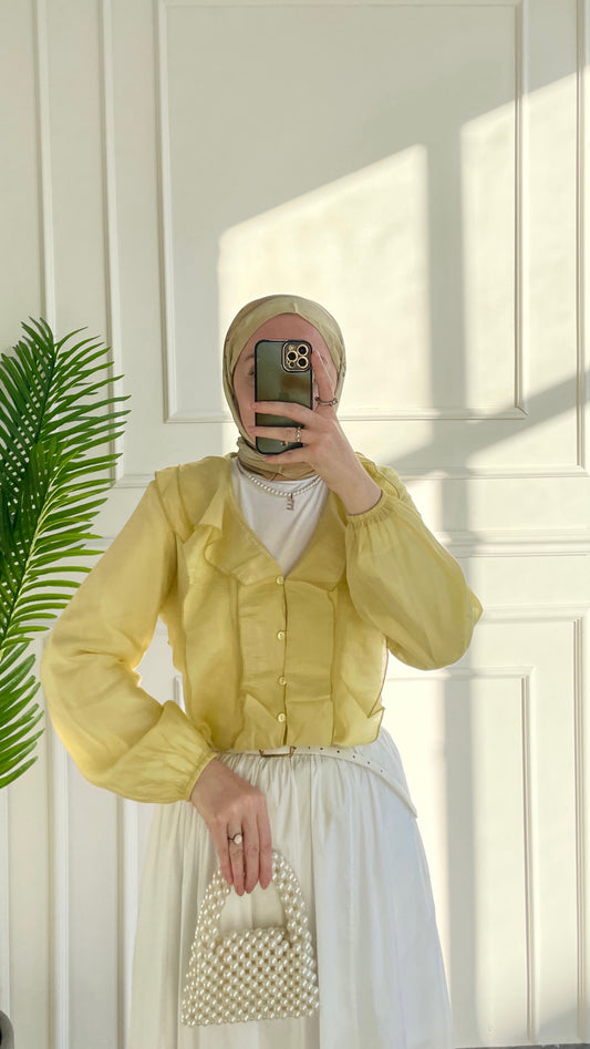 Volanlı V Yaka Gömlek-Sarı