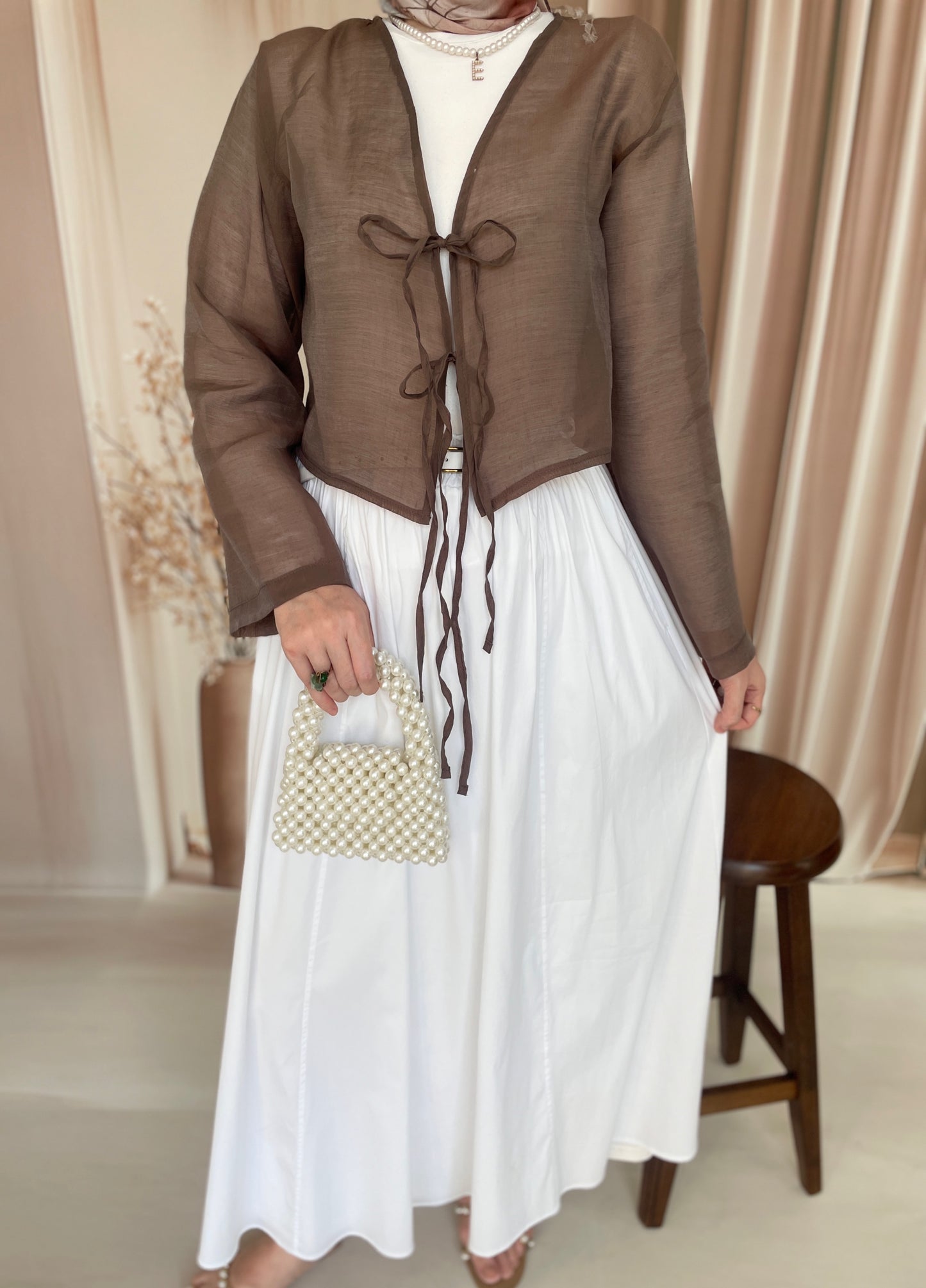 Modal Kumaş Bağcıklı Kimono Kahverengi