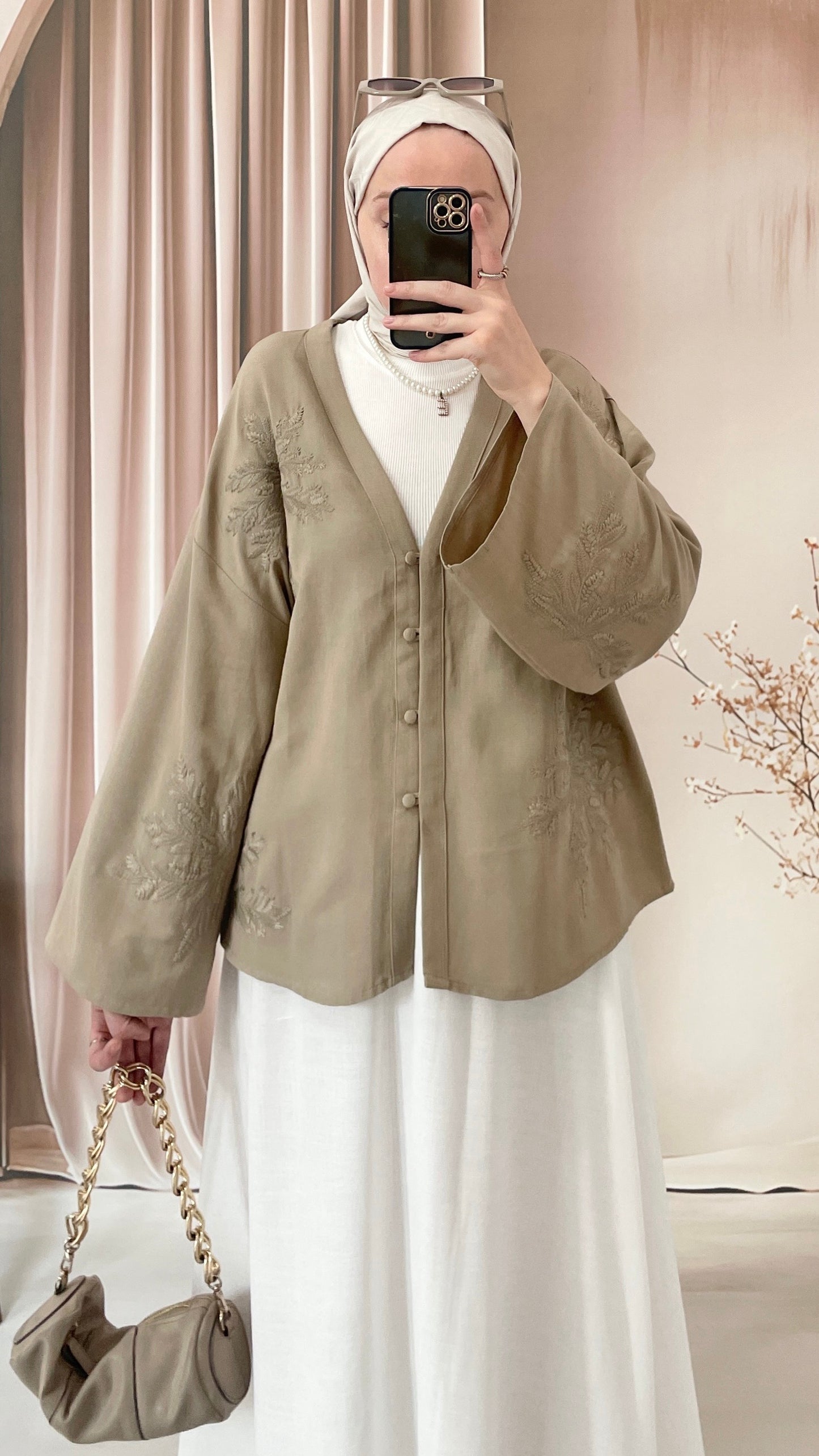 Nakışlı Ham Keten Kimono Latte