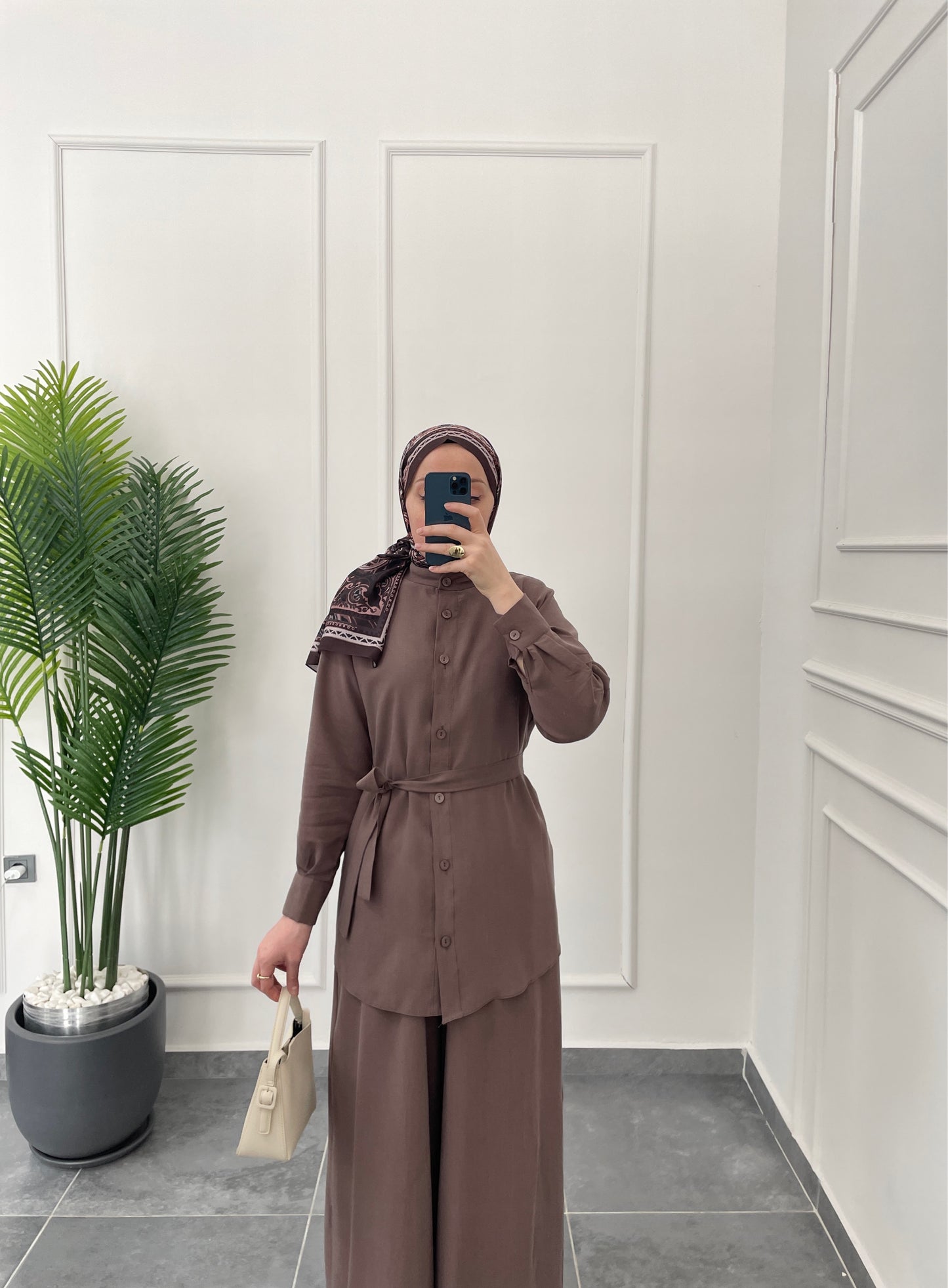 Tencel Keten Etek Pantolonlu Takım-Kahve