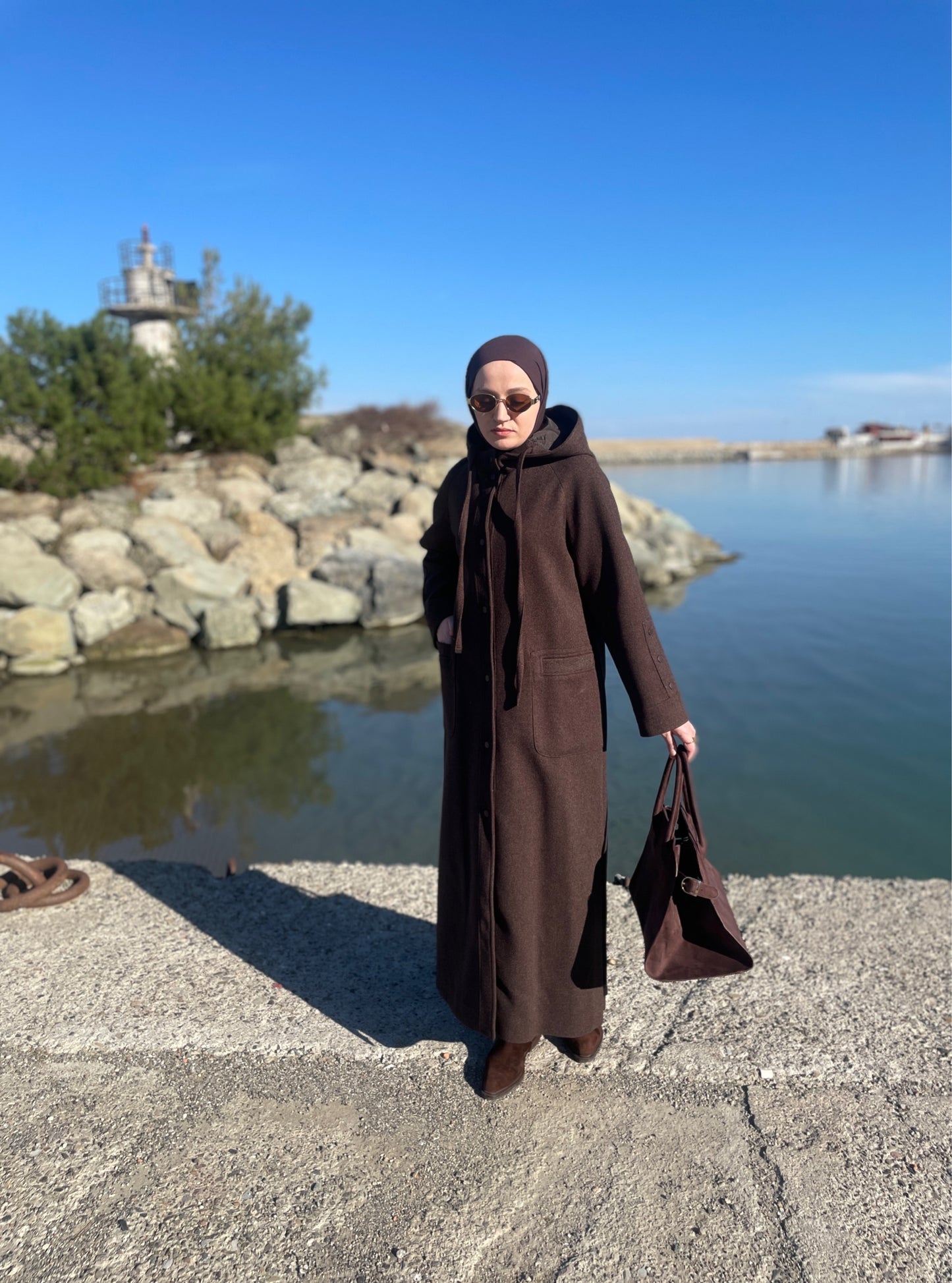 Tam Boy Premium Kapüşonlu  Kaşe Kaban Kahverengi