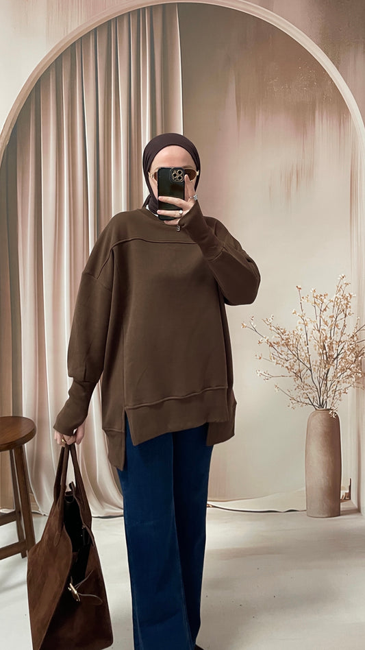 Parmak Geçirme Tasarım Sweatshirt Kahverengi